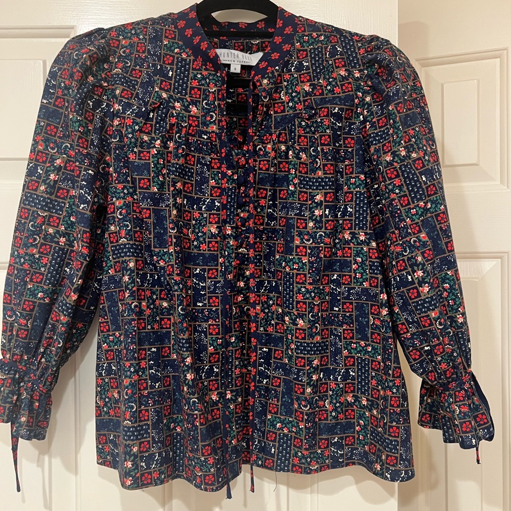HUNTER BELL Navy Floral Patchwork Blouse with Red and Green Accents